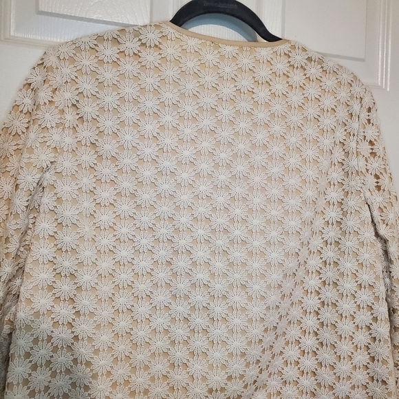 Talbots Womens Open Front Jacket Beige/White Lace Overlay 3/4 Sleeve Size 12P - Picture 9 of 14